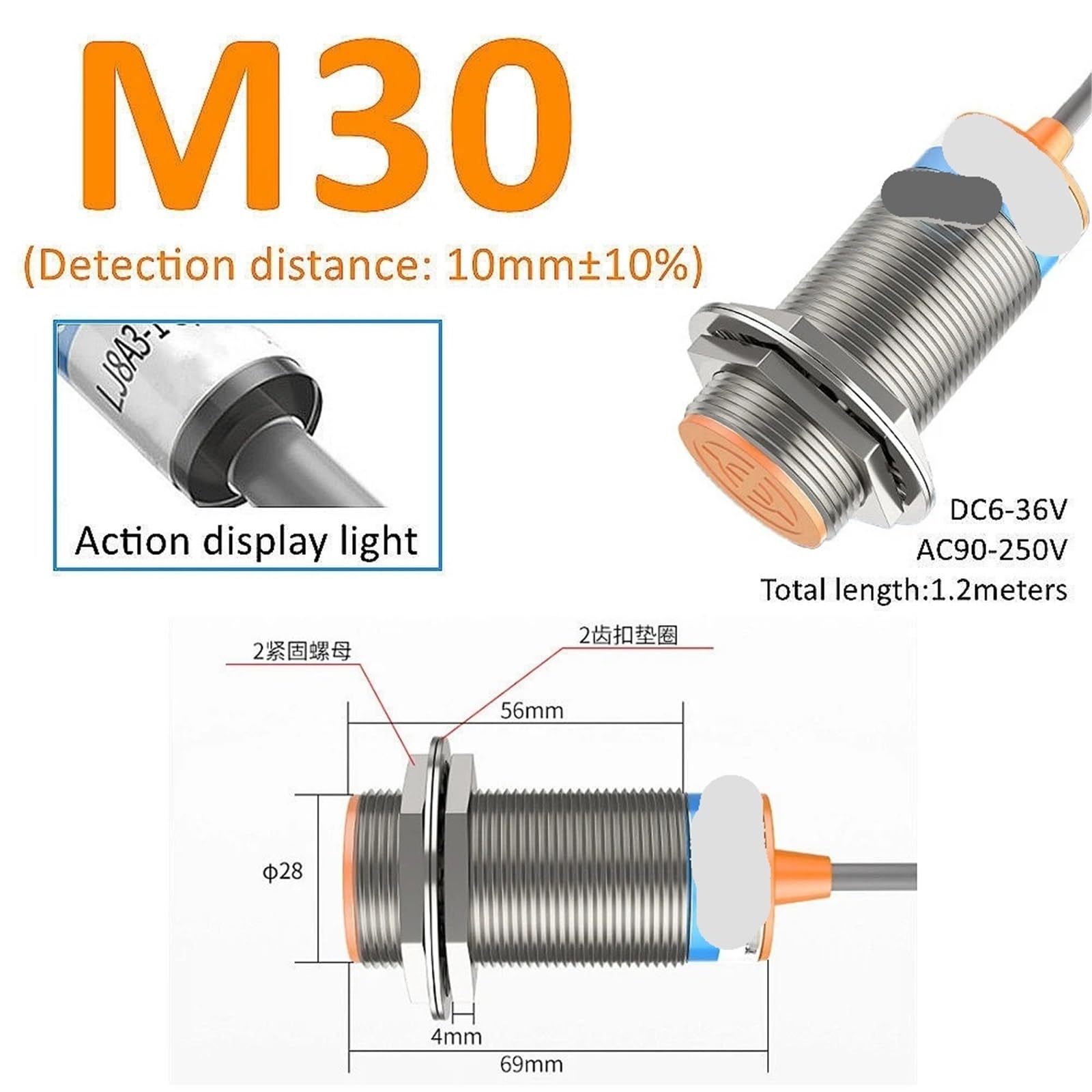 Żółty czujnik zbliżeniowy, indukcyjny przełącznik zbliżeniowy M8 M12 M18 30 4mm DC 12V AC 110V NO NC NPN PNP wykrywanie 1 szt. (M30(Shielded), DC Typ PNP NC)