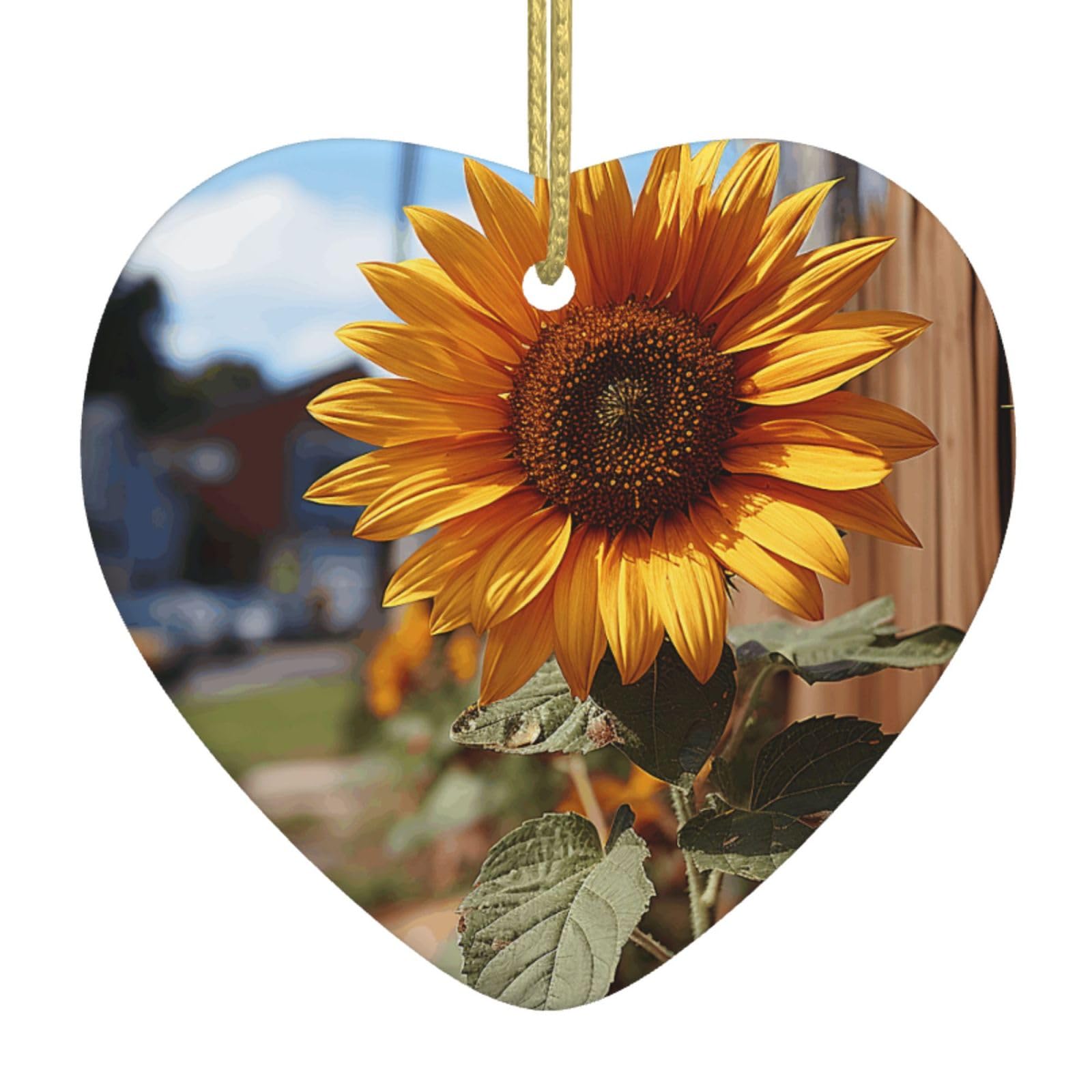 Farm Sunflower Christmas Ornament 2025 Heart Ceramic Hanging Ornaments for Home Decor Christmas Decorations with Gold Rope Double-Sided Xmas Tree Ceramic Hanging for Holiday Party