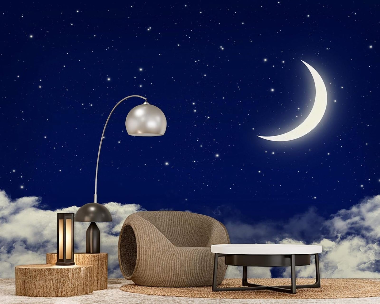 Cielo notturno Luna Stelle Nuvole in tessuto non tessuto moderna per pareti Soggiorno Camera da letto Camera dei bambini Decorazione murale Motivo Carta