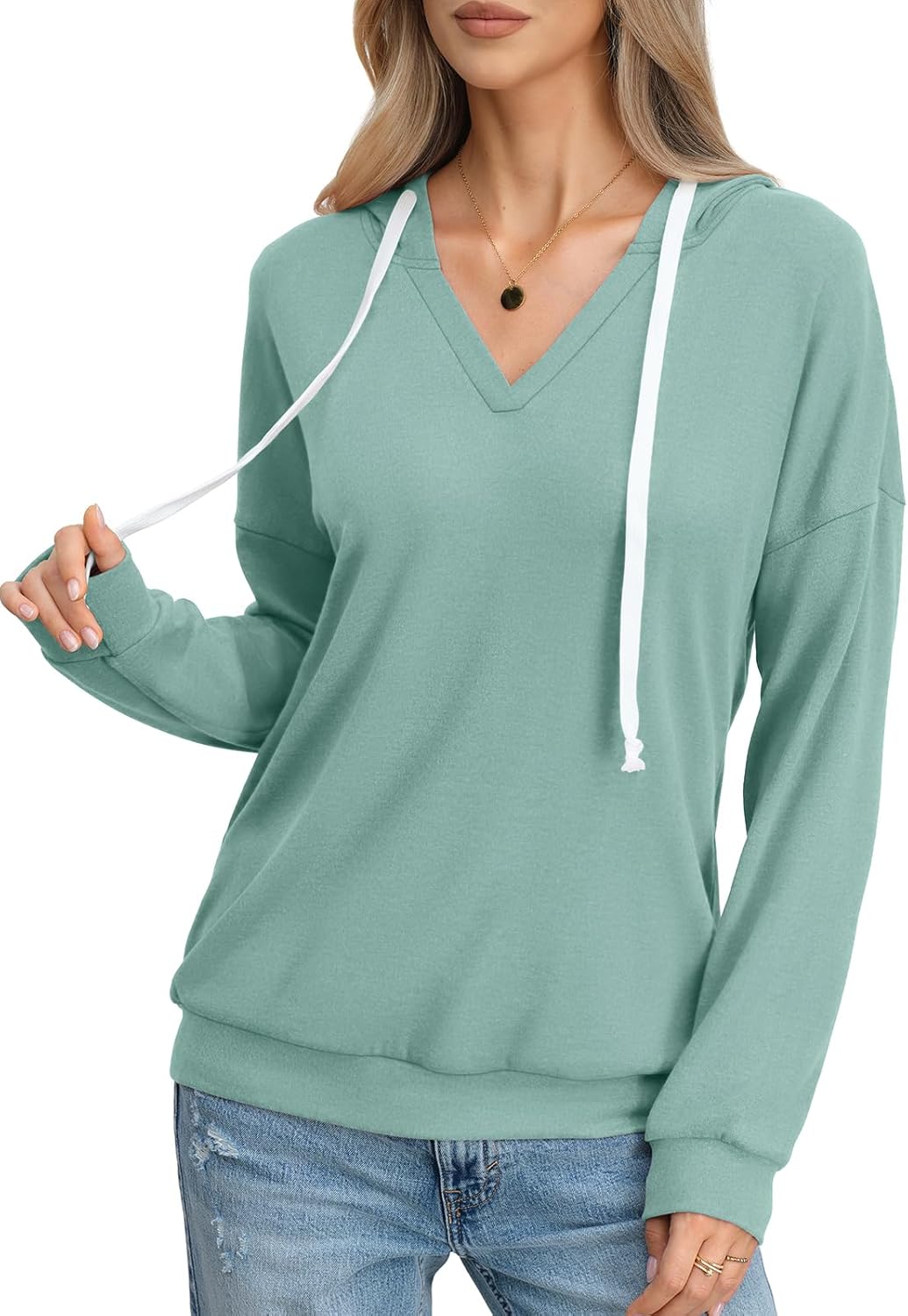 Womens V Neck Hoodie Lightweight Long Sleeve Sweatshirts Casual Loose Drawstring Pullover Fall Fashion Top 2026 - Image 2