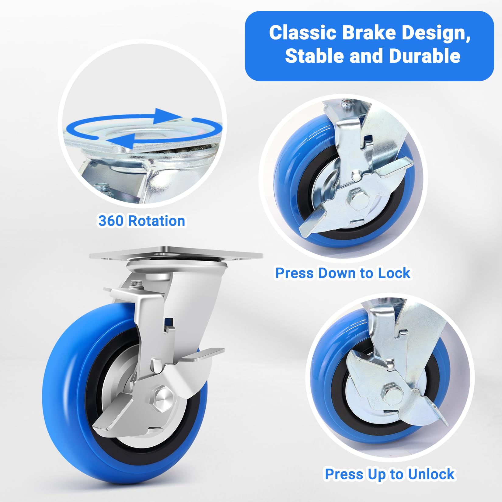 W B D WEIBIDA Set di 4 ruote resistenti da 15,2 cm, design liscio per ruote del carrello, ruote di grado industriale da 2041,2 kg, con staffa ispessita aggiornata, ruote durevoli (2 freni e 2 rigide)