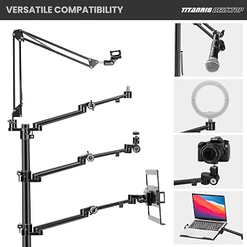 TARION 4-in-1 Desktop Live Stream Stand Arm Set Titanrig Live | 1 Mic Boom Stand + 3 Articulating Arms, 35 mm Rods, Double Clamp, for DSLR Cameras Ring Light Monitor Laptop Teleprompter