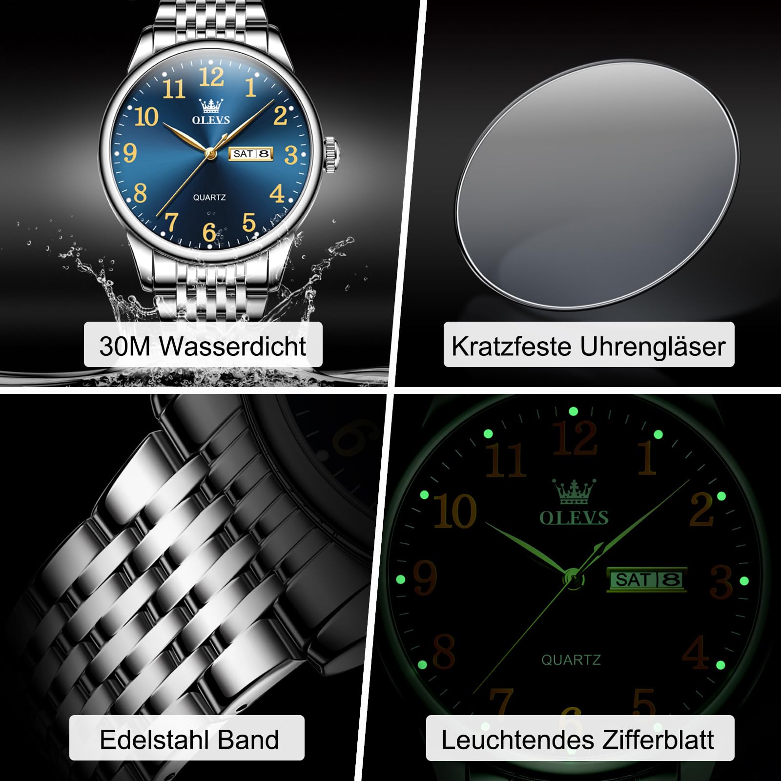 OLEVS Metallarmband Uhren Herren mit Datum Lässiger Großes Zifferblatt Herrenuhren Leuchtende Klassisch Quarz Analog Armbanduhr Damen Edelstahl Geschenke für Männer