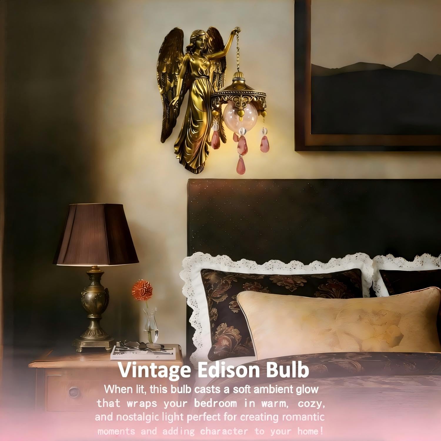Angel Wall Lamp, Vintage Holy Guardian Night Light with Frosted Crystal & Wings, Battery Operated Wall Sconce for Bedroom, Nursery, Living Room, Chapel & Hotel, Classic Inspirational Decor