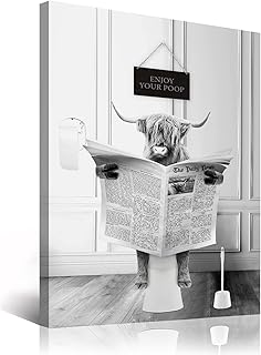 Funny Highland Cow Wall Art in Bathtub, Black and White Canvas Cow In Bathroom Picture, Humor Animals Bathroom Artwork Prints Rustic Farmhouse Style Wall Decor Ready To Hang for Living Room, Bathroom, Bedroom, Kids Bathroom (12"x16", Framed)