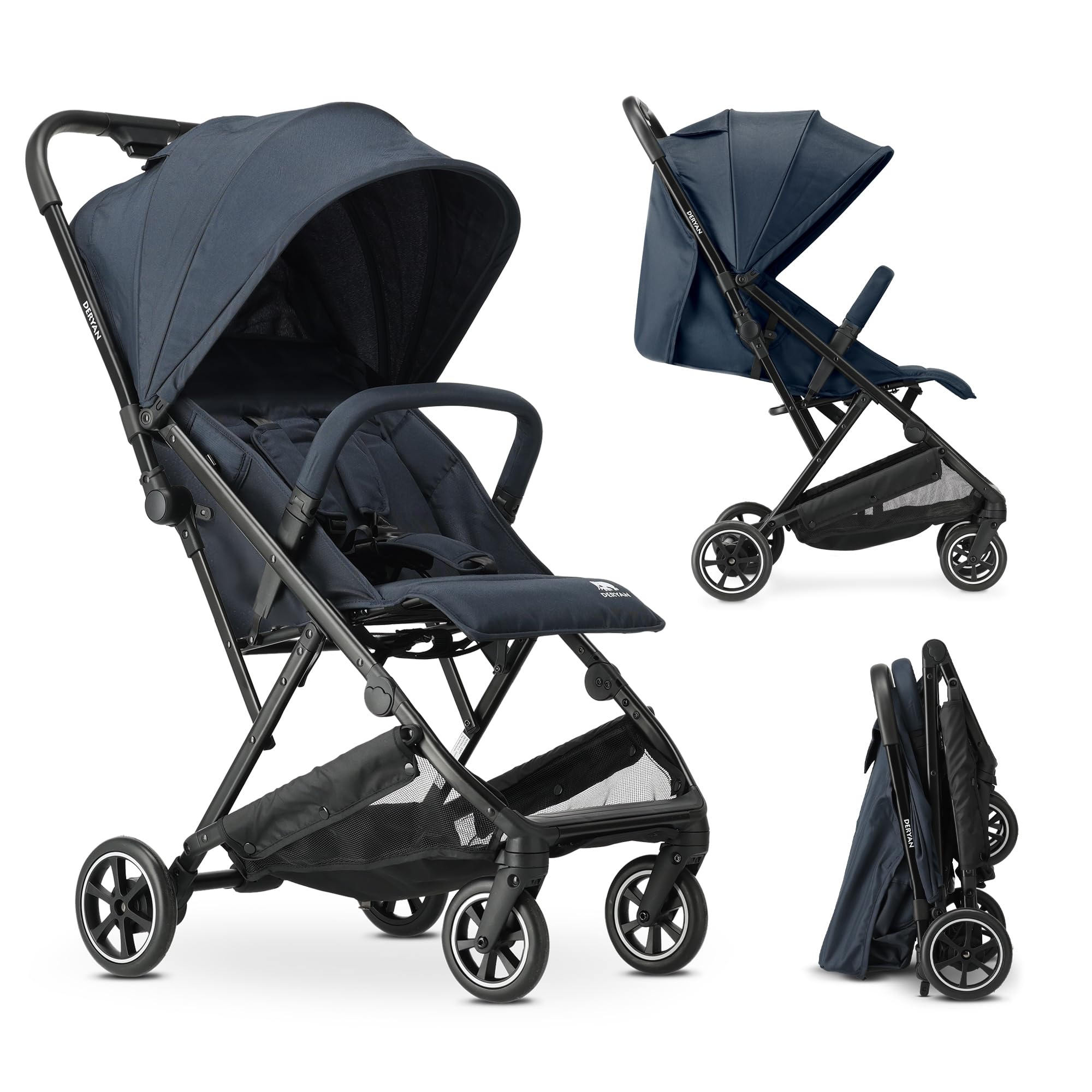 Deryan Easy Reisebuggy - Reise Buggy für Kinder ab Geburt bis 22 kg, mit 3 Liegepositionen, Leicht 6,5 kg & Kompakt, Klein Zusammenklappbar, UPF 50+, Schultergurt, Korb bis 3 kg (Blau)