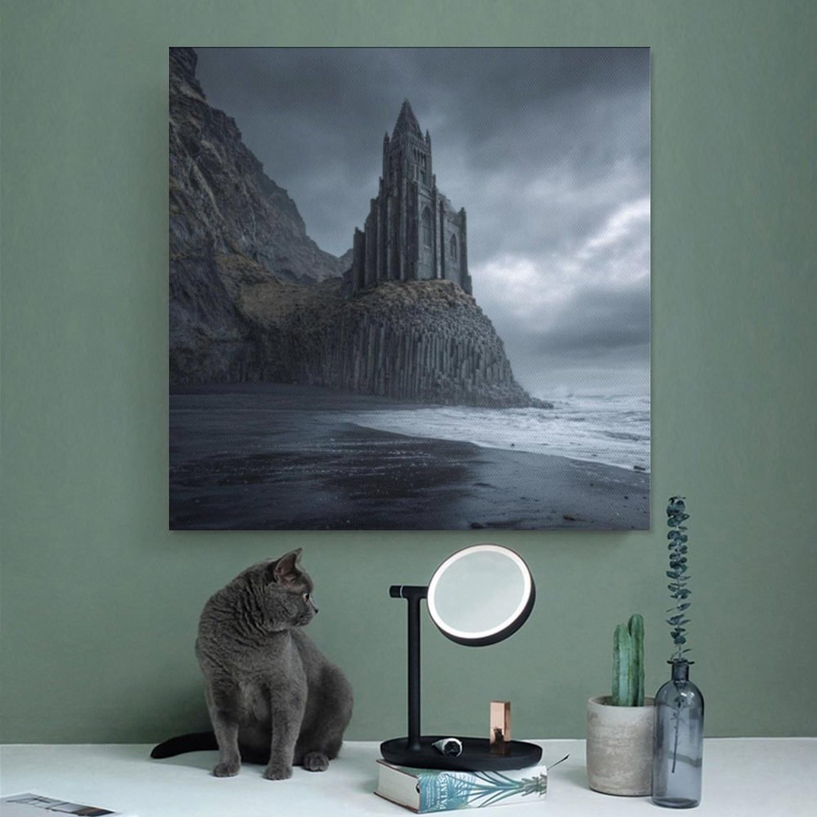 Poster su tela in stile gotico con cattedrale scogliera scogliera scura stile accademico basalto poster decorazione camera da letto paesaggio ufficio camera da letto decorazione regalo 50,8 cm L x