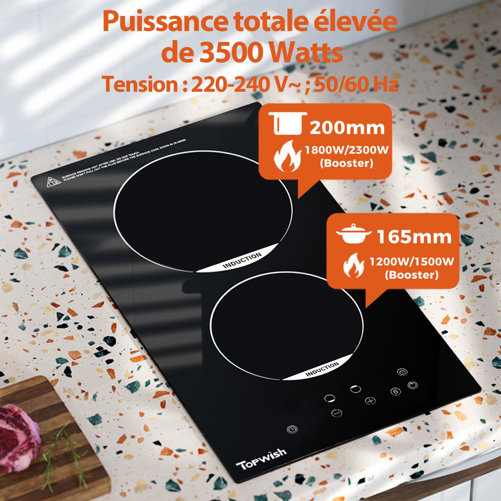 Topwish plaque induction 2 feux, plaque de cuisson induction 2 feux, plaque de cuisson electrique 30cm con verrou de sécurité, funzione Boost, voyant de surface chaude, protection d'extinction, 3500W