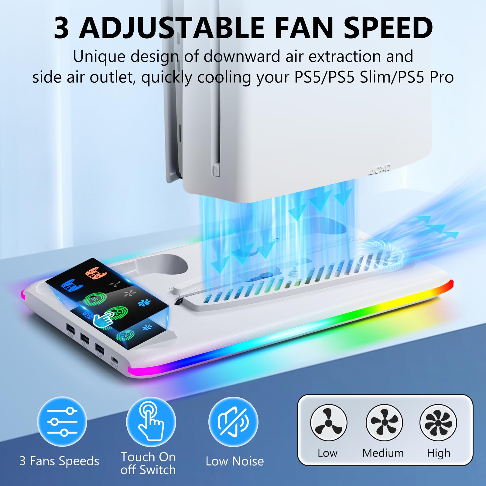 Caricabatterie controller per PS5/PS5 Slim/Pro: supporto per ventola di raffreddamento PS5 e stazione di ricarica per controller, accessori sottili PS5/PS5 dock di ricarica verticale per console