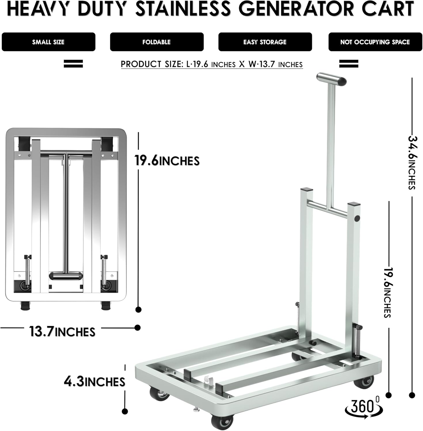 Generator Wheel Kit,GeneratorCart,500LB Heavy-Duty GeneratorCart With Wheels, Made of 100% Sstainless Steel,(19.6X13.7inches) (Stainless steel original color)