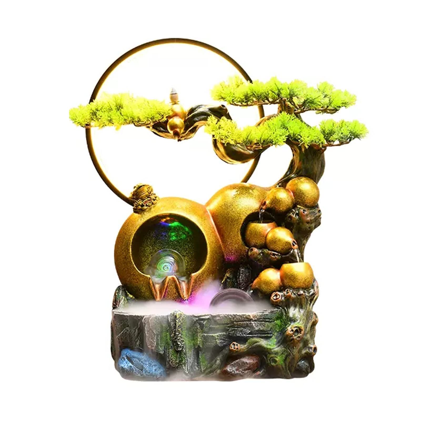 indoor Waterfall Tabletop Water Fountain Resin Relaxation Meditation Desktop with Golden Gourd and Artificial Bonsai Design, Indoor Waterfall Feature for Home Office Decor