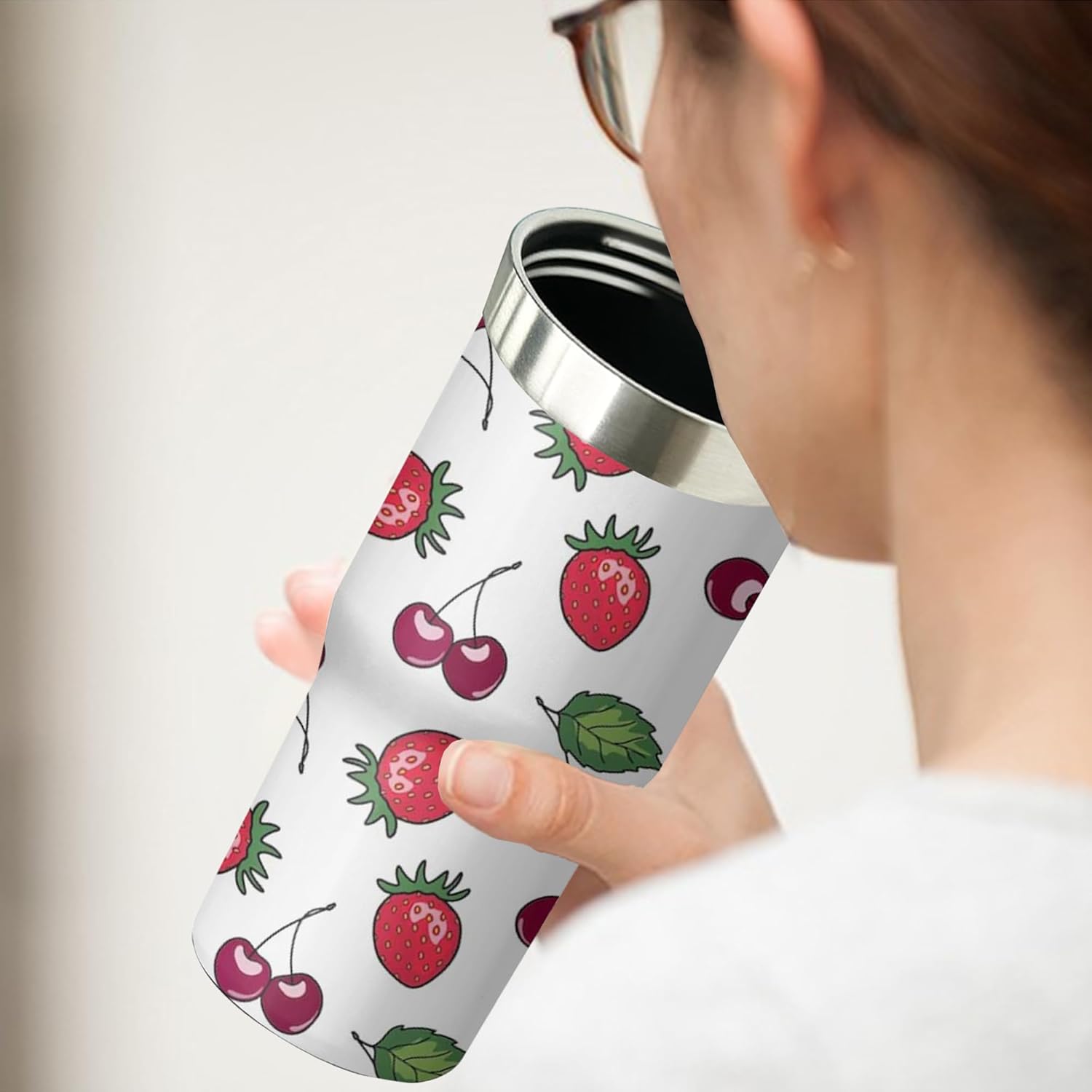 Strawberry Cherry Tumbler with Handle and Flip Straw for Women Men, 30oz Cute Stainless Steel Insulated Cup, Water Bottle Travel Coffee Mug Gifts - Image 6