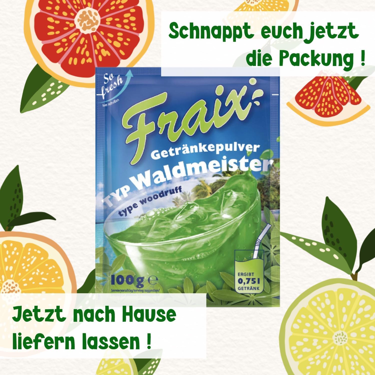 FRAIX Bebidas en polvo Waldmeister, paquete de 150 unidades (150 x 100 g), polvo refrescante instantáneo con sabor floral, polvo de fruta perfecto para pícnic, fiesta de cumpleaños