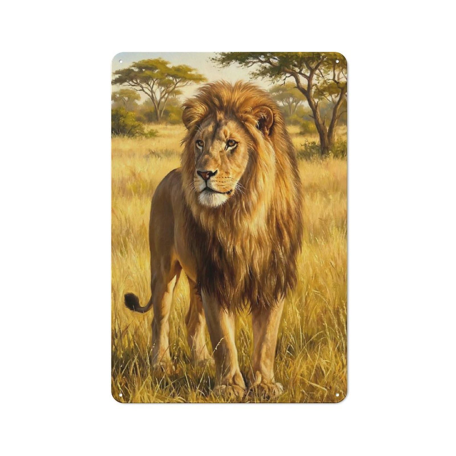 Junmoney Style-11 Majestic Lion In African Savannah Poster, Picture, Metal Print, Paint By Tesiga Printed Metal Sign 30X20cm For Studio Or Craft Room, A Decorative Gift For A Newly Furnished Studio And Craft Room