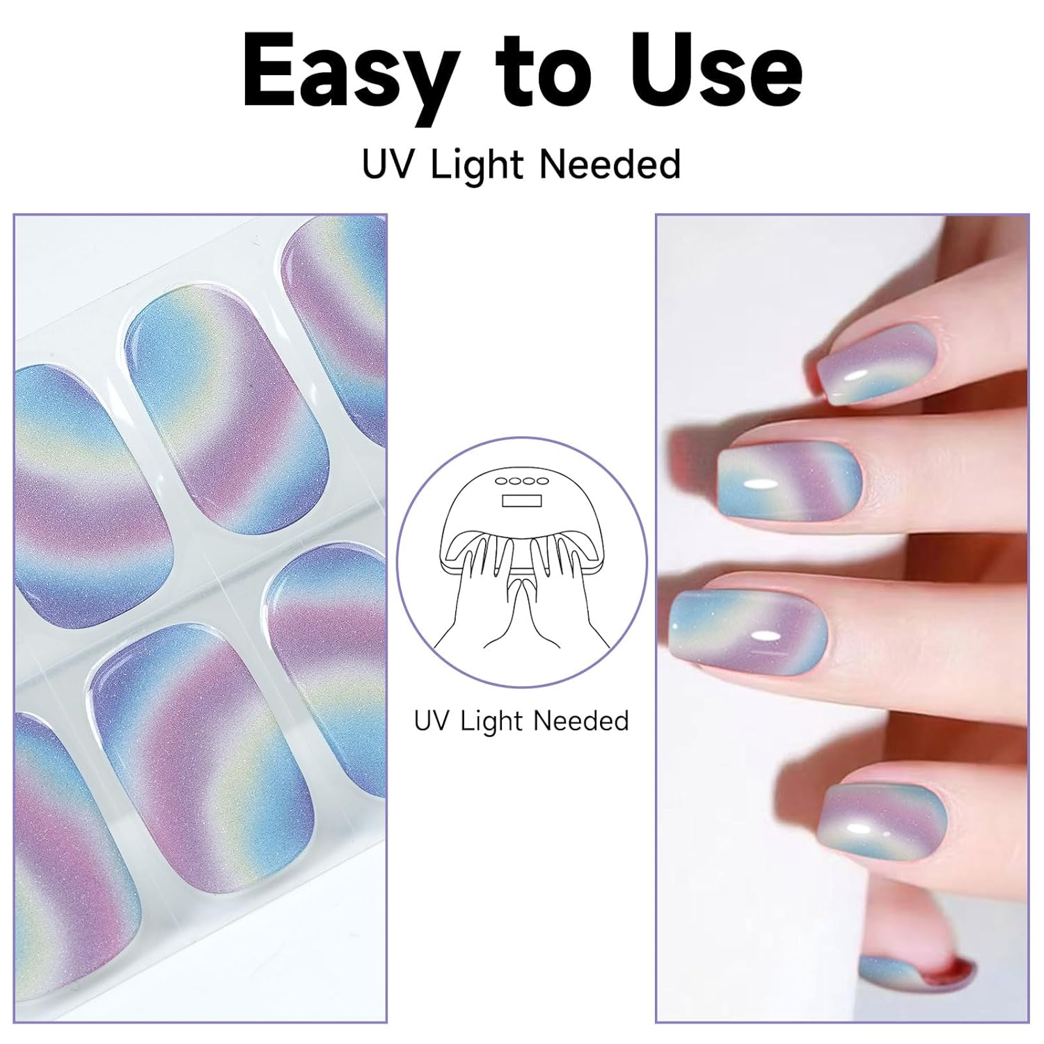 Semi Cured Gel Nail Strips (Multicolor), 28pcs Gel Nail Stickers, Work with Any UV Lamps, Long-Lasting NailWraps for Women Gifts, Easy to Apply & Remove, Includes Prep Pads & Wooden Stick New-ds005a
