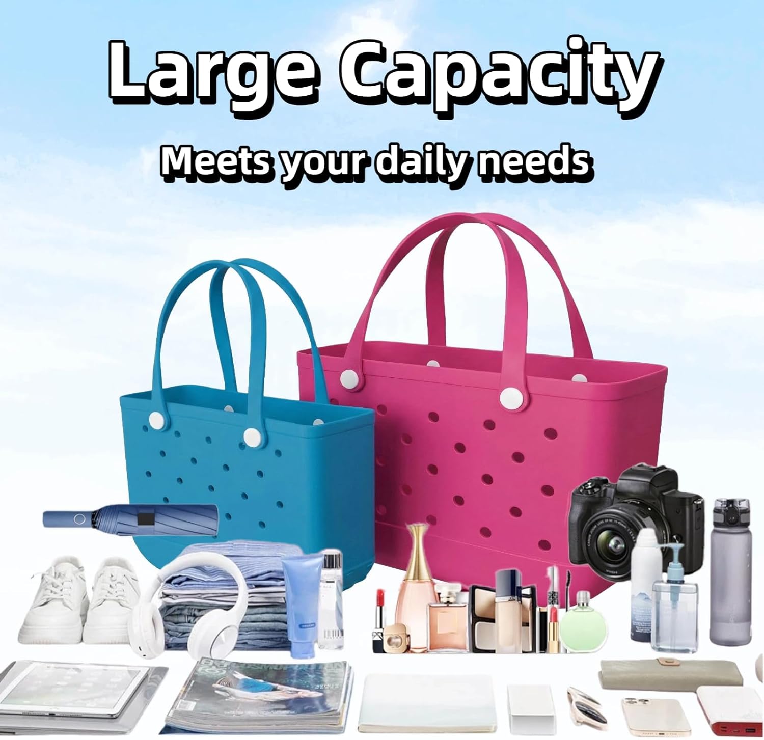 Rubber Beach Tote Bag, Waterproof Washable Open Rubber Beach Bags for Sports Beach Market Pool - Image 5