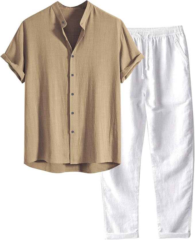 Mens Casual Spring Solid Color Short Sleeve Turndown Top Long Pant Suit Men 3 Piece Suit Mens Shorts Suit Set