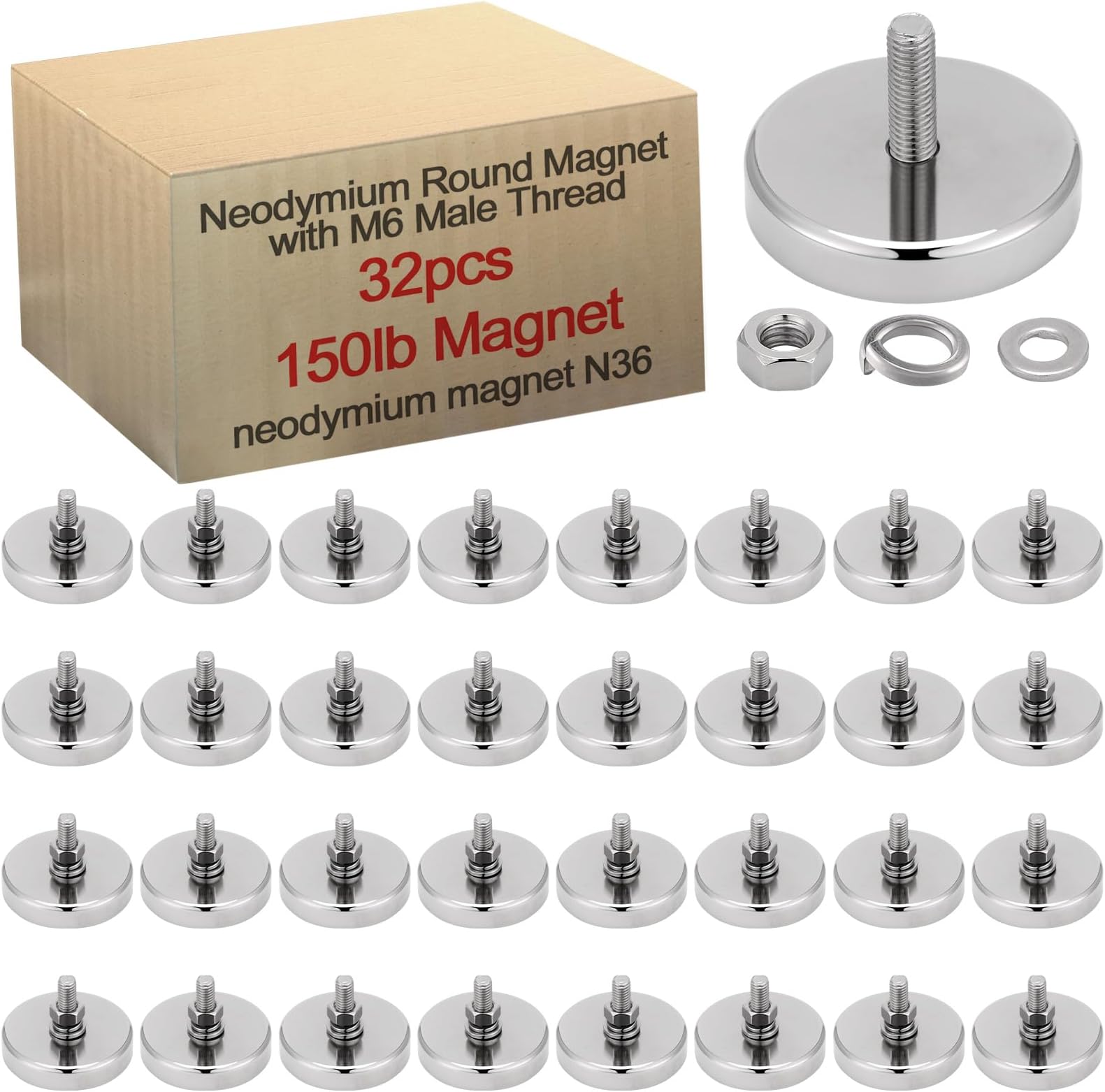 Flutesan 32 Pieces Super Powerful Neodymium Round Magnet with M6 Male Thread Bolts 150lb Heavy Duty Strong Rare Earth Mounting Magnet with Stud for Lighting Camera Brackets License Plate Outdoor Tools