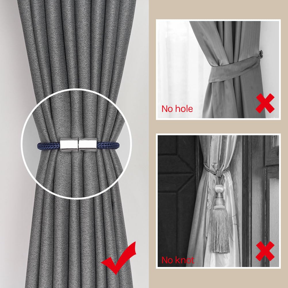 Pretty Jolly 2 Pack Mini Magnetic Curtain Tiebacks Modern Simple Style Drape Tie Backs Elegant Hand Weave Rope Knot Decorative Curtain Holdbacks for Home & Office Window Drapery (Dark Blue) - Image 2