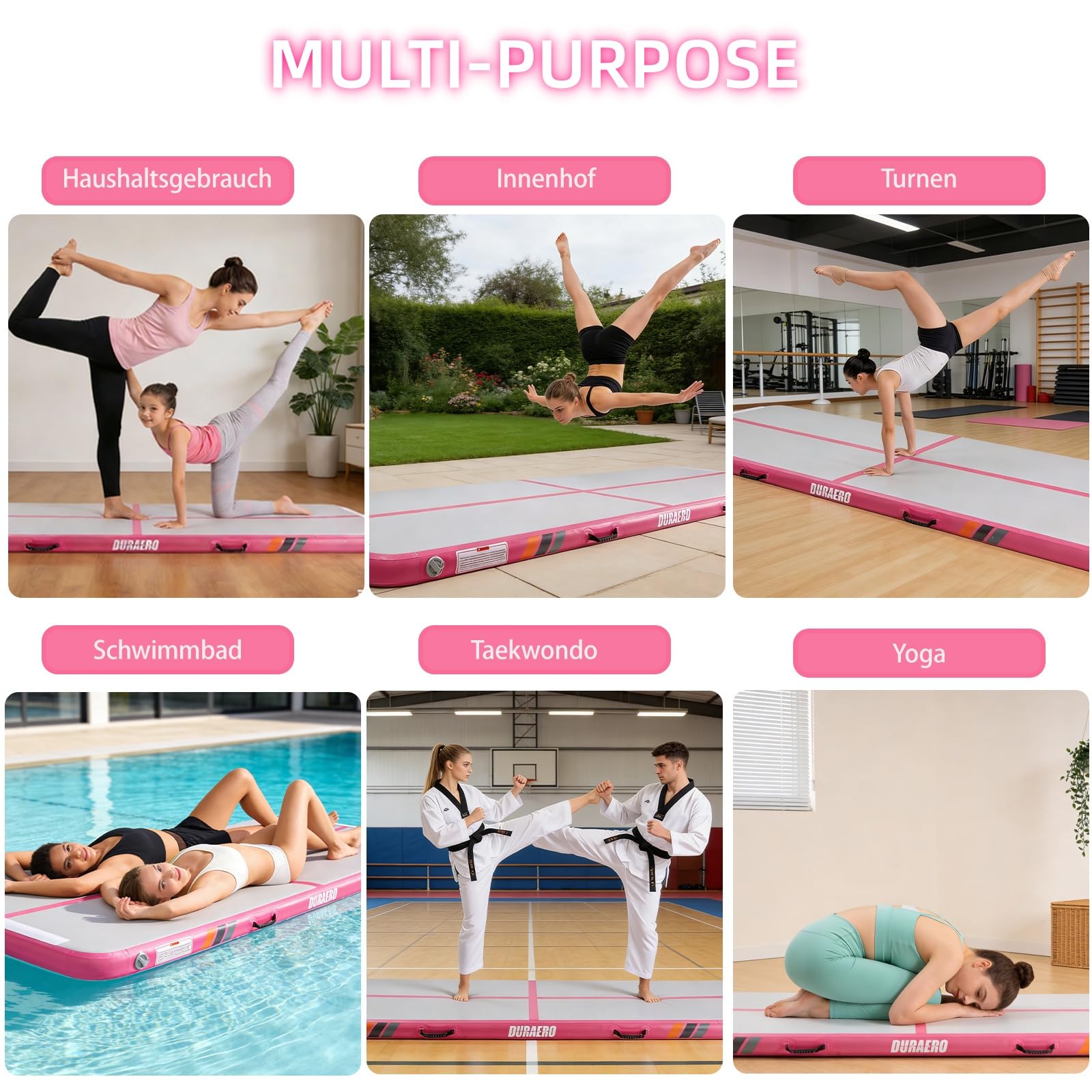 Tapis de gymnastique rectangulaire - Coussin d'air - Tapis de gymnastique gonflable pour acrobatie, entraînement et yoga - 3 m - 4 m - Épaisseur : 10 cm - Avec pompe
