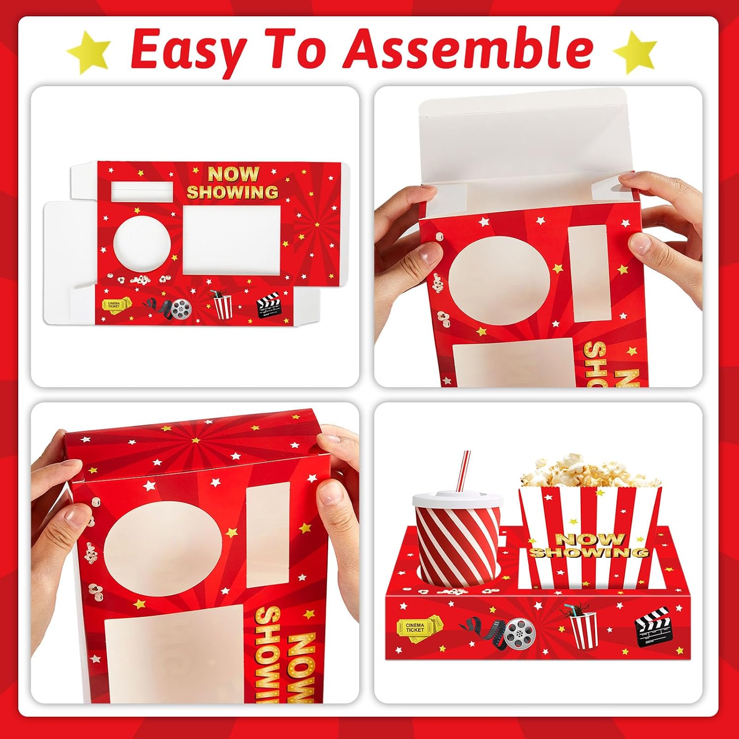 Movie Night Snack Trays 48pcs Include 24 Movies Themed Snack Trays, 24 Popcorn Bags Movie Night Supplies Theater Boxes Cinema Theme Paper Drink Food Boats for Family Kids Birthday Holiday Party