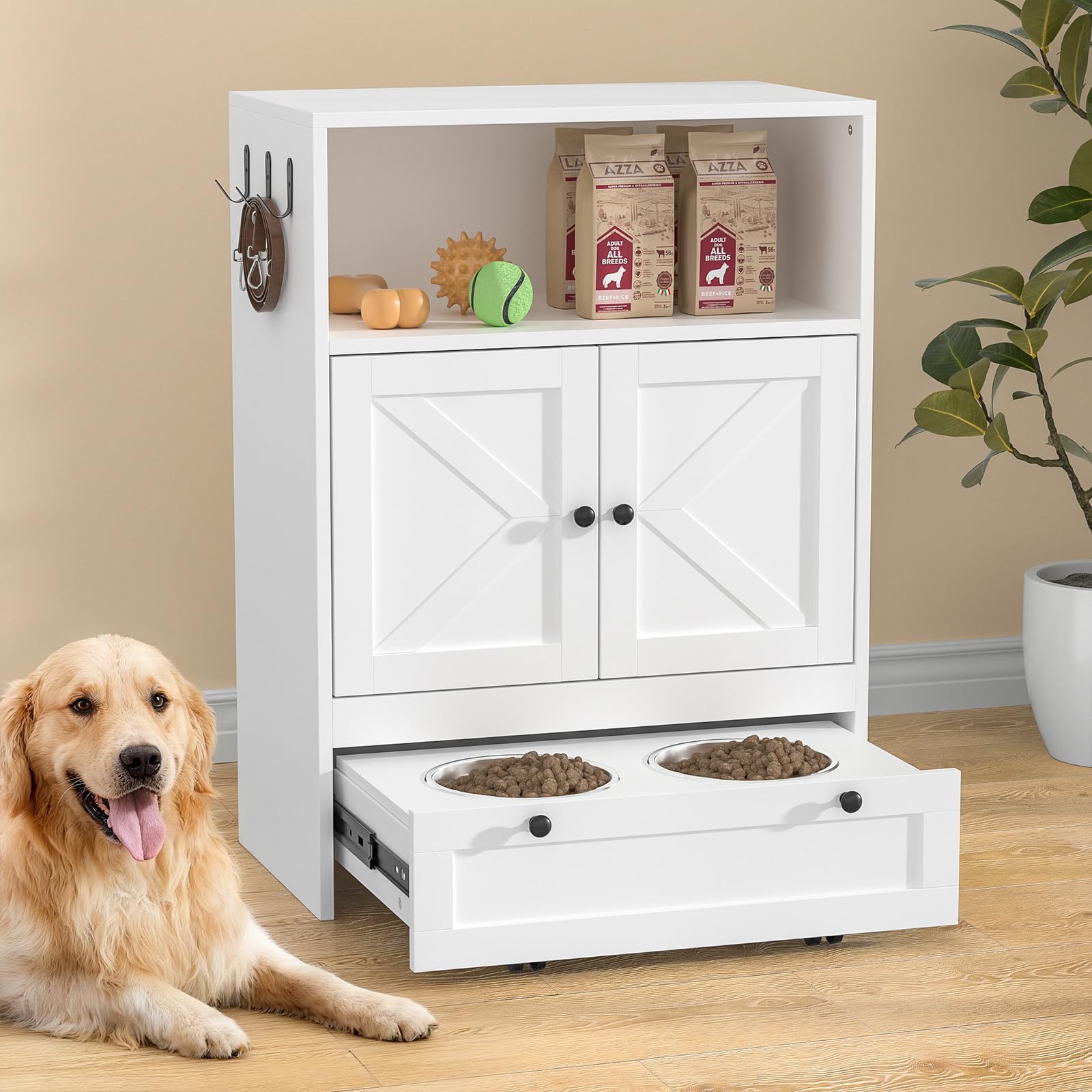 Mangiatoia per cani con 2 ciotole in acciaio inox, 60 x 35 x 82 cm, armadietto per animali domestici con ripostiglio, armadietto per animali domestici 2 in 1 e stazione di alimentazione, ciotola per