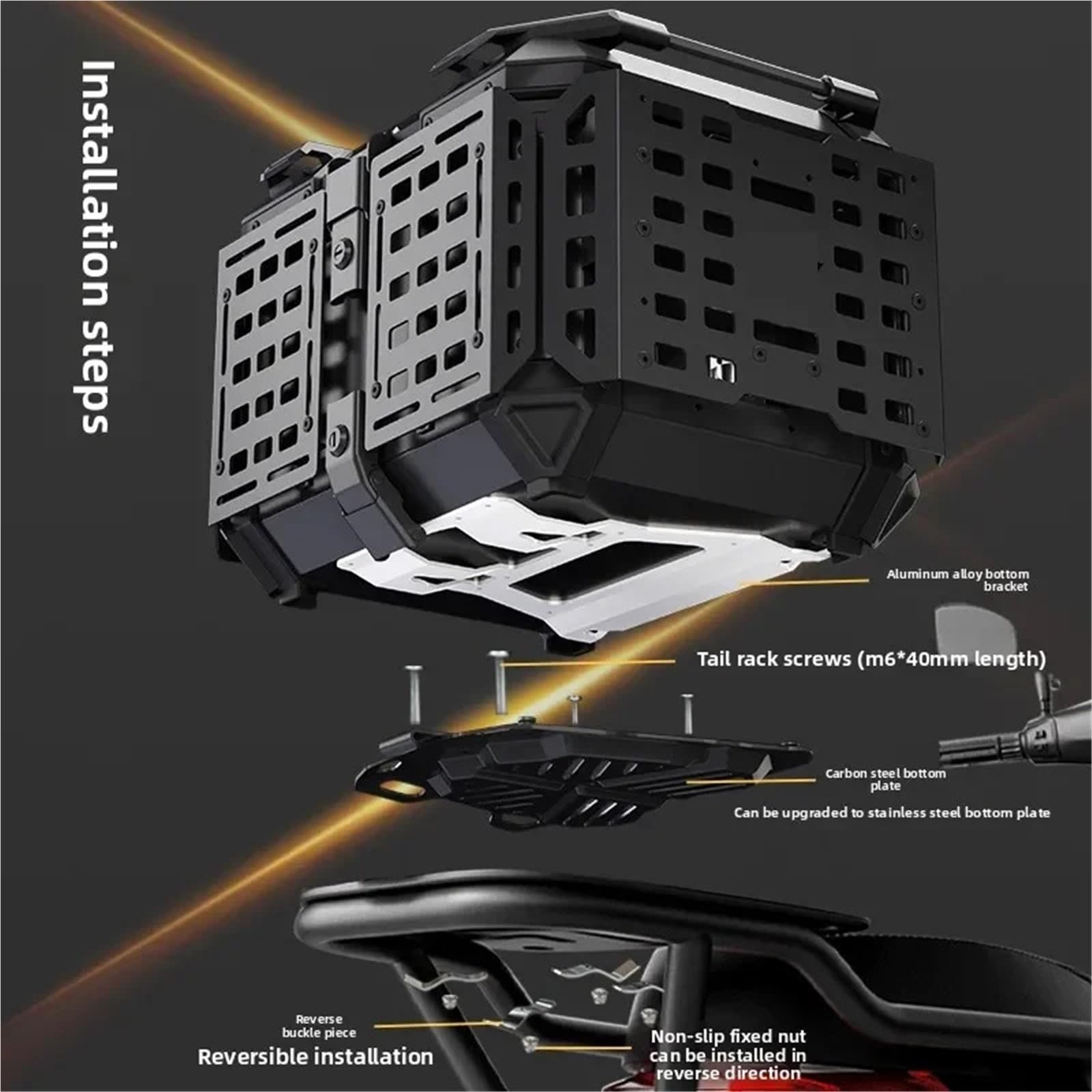 Motos Valise en pour Moto 45L en Alliage d'aluminium, hayon blindé Multifonctionnel argenté Portable avec Plaque inférieure, Coffre Noir pour Voiture électrique Motos Tail Box(Silver)