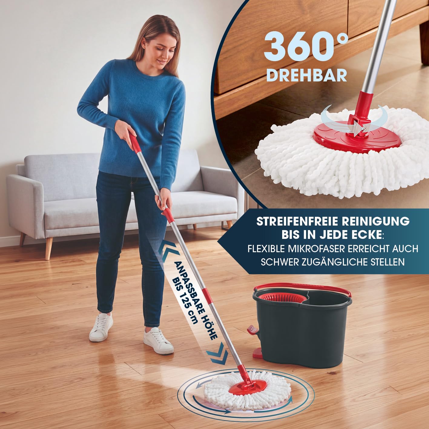CLEANmaxx Zestaw mopa Power + 2 zapasowe ściereczki – mop do podłogi i wiadro do czyszczenia