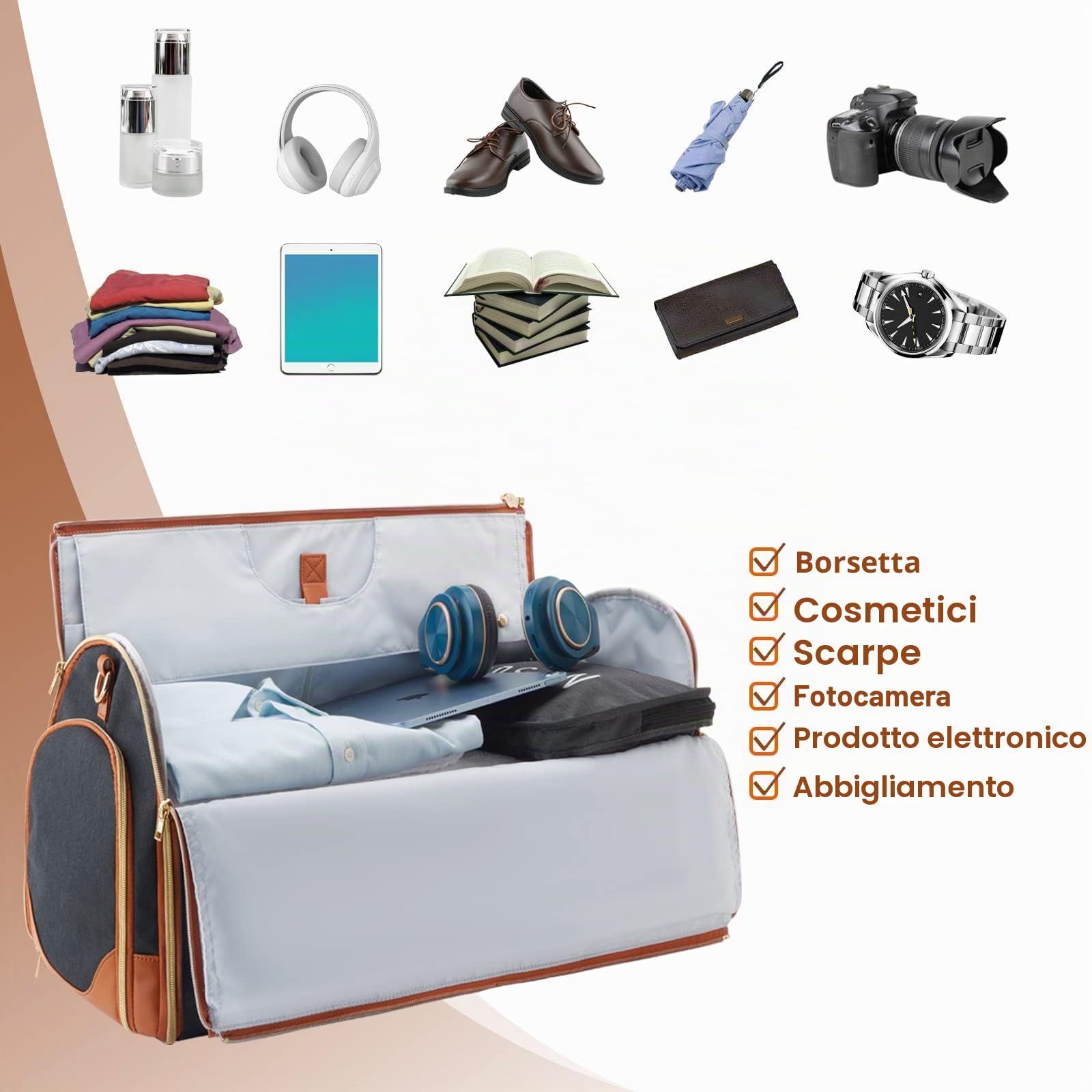 Borsa porta abiti da viaggio, borsa porta indumenti, borsone convertibile con scomparto per scarpe, perfetta per viaggi di lavoro e gite nel fine settimana, Nero