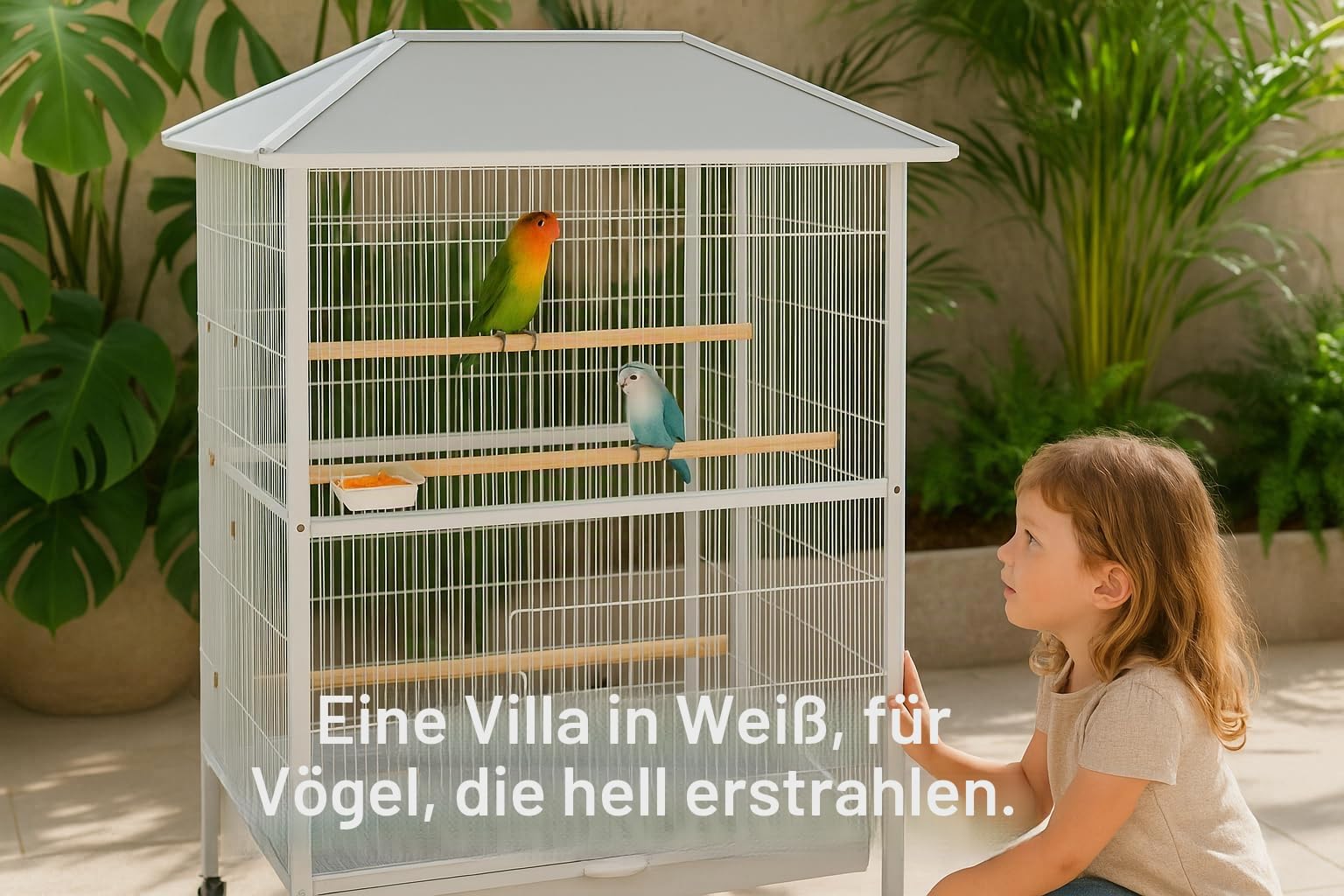 Flamingo Vogelkäfig – Voliere Vögel – Valka Weiß – 107×88,5×170 cm – Metall pulverbeschichtet, 4 Sitzstangen, 4 Näpfe, Schiebetüren, Metall-Schublade, Rollen