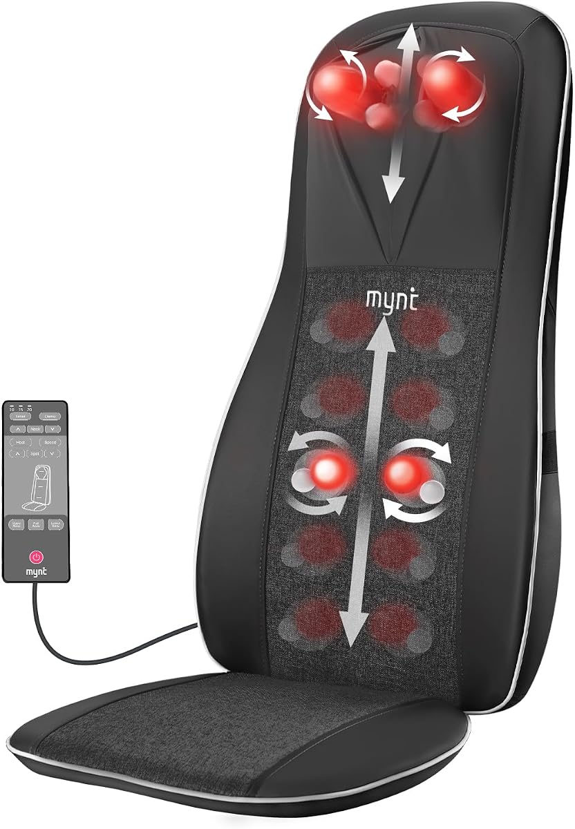 Shiatsu Neck & Back Massager for Chair, Deep Tissue Kneading Chair Pad | Adjustable Neck Rollers Height & Speed, Full Back Massage with Heat, Spot Chair Massager Pad, Home Office, Men Women Gift