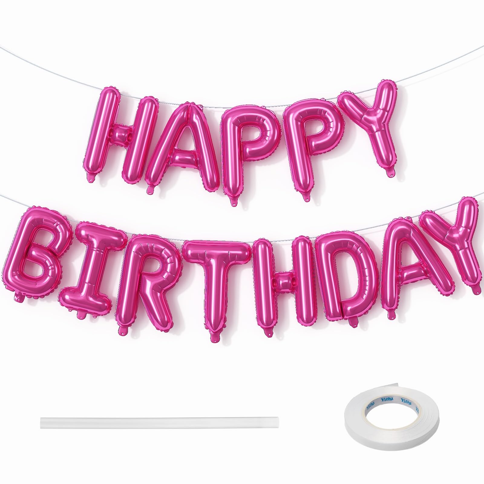 Photo 1 of Happy Birthday Balloon Banner - 16 Inch Hot Pink Foil Mylar Sign Bunting Self Inflating Letter Balloons for Girls Women Party Decorations Supplies