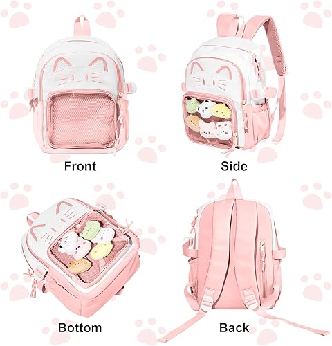 Miniatura 5 de Bolsa Kawaii Cat Ita, bolso con pines, bolsa con inserto, para uso diario y cosplay, nailon, Rosa-Blanco, Pequeño, Kawaii