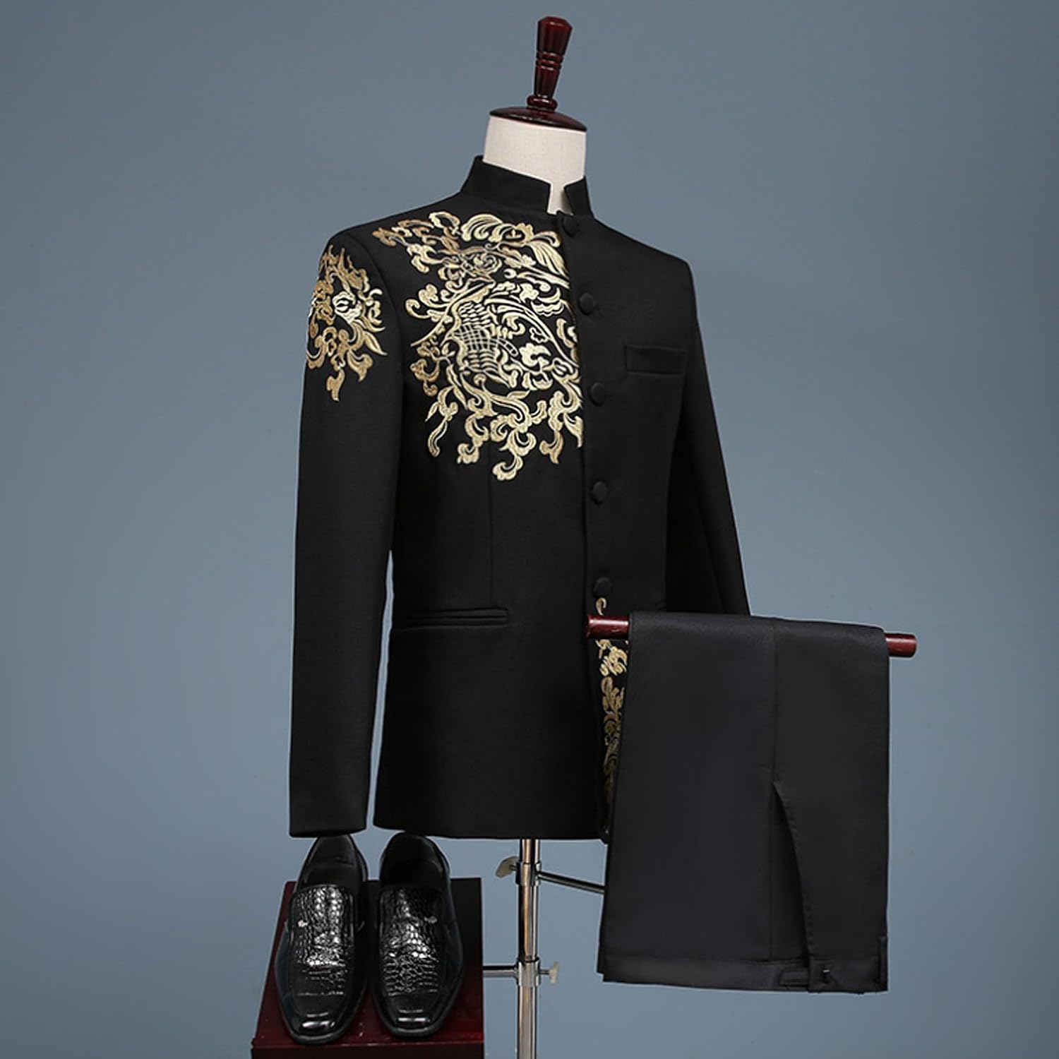 Men's Slim Fit Solid Wedding Suit Set 2 Piece Button Up Stylish Dress Suits Floral Stand Collar Blazer Pants Sets (Black4,X-Large)