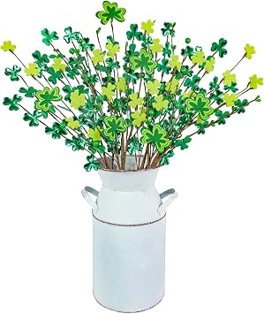 Uieke 4Pcs St Patricks Day Decorations Artificial Shamrock Flower Picks with Vase Shamrock Berry Stems for St. Patricks Day Home Spring Office Party Table Centerpiece Irish Decor