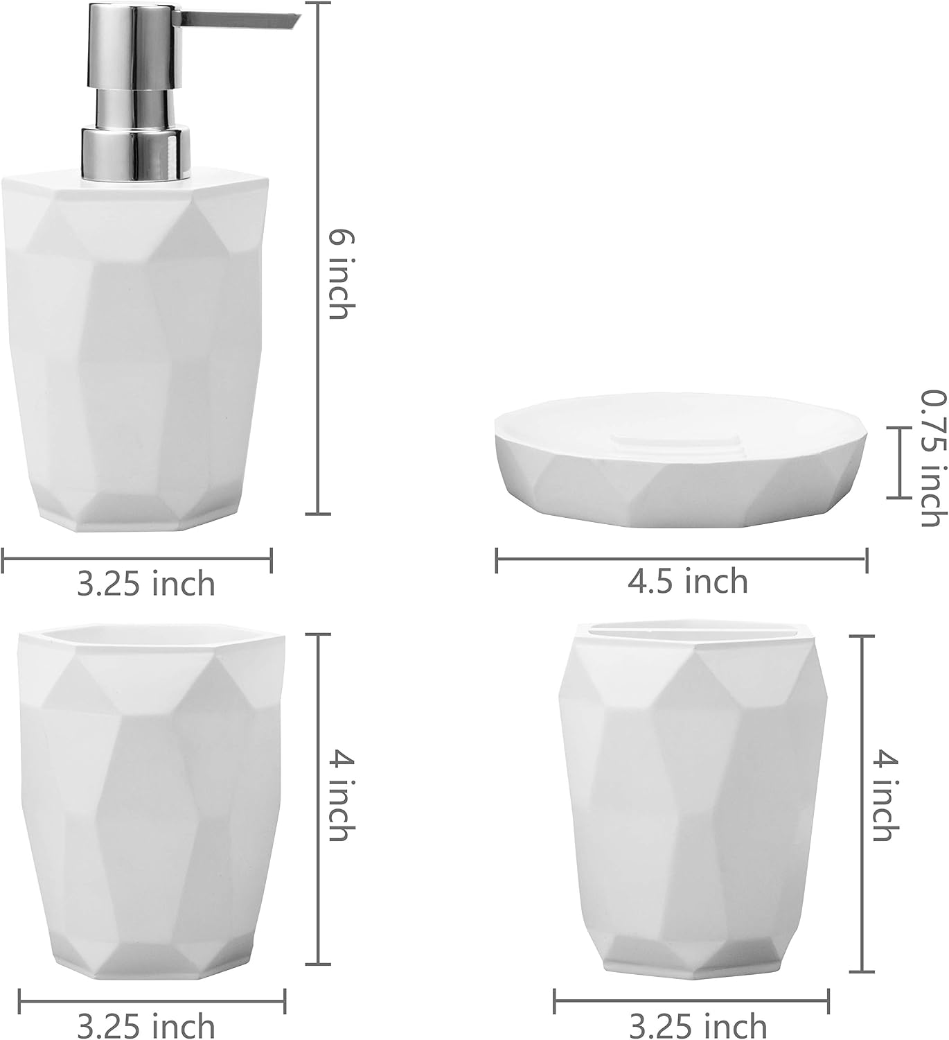 MyGift 4 Piece Modern White Resin Bathroom Accessories Set with Geometric Design Includes Lotion Pump Bottle, Toothbrush Holder, Tumbler and Soap Dish