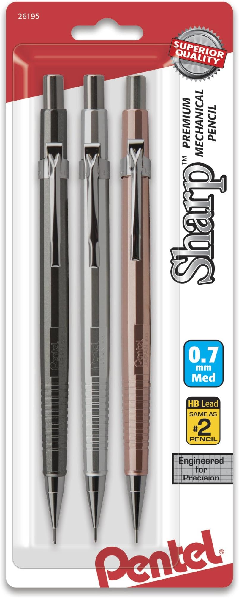 Sharp Mechanical Pencil, (0.7mm), Medium Line, Metallic Barrel, Assorted Colors, Pack of 3 (P207MBP3M)
