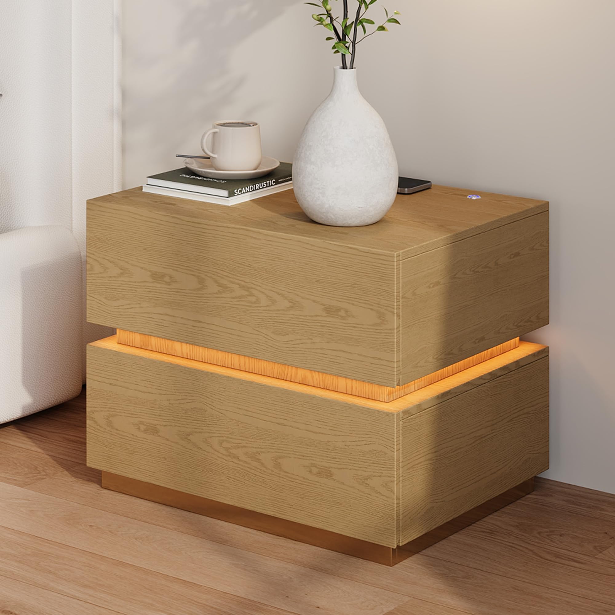 Homary LED Smart Nachttisch mit kabelloser Ladestation, Nachttisch mit Schubladen & USB-Anschlüssen, Modernes Nachtkästchen mit LED-Beleuchtung für Schlafzimmer