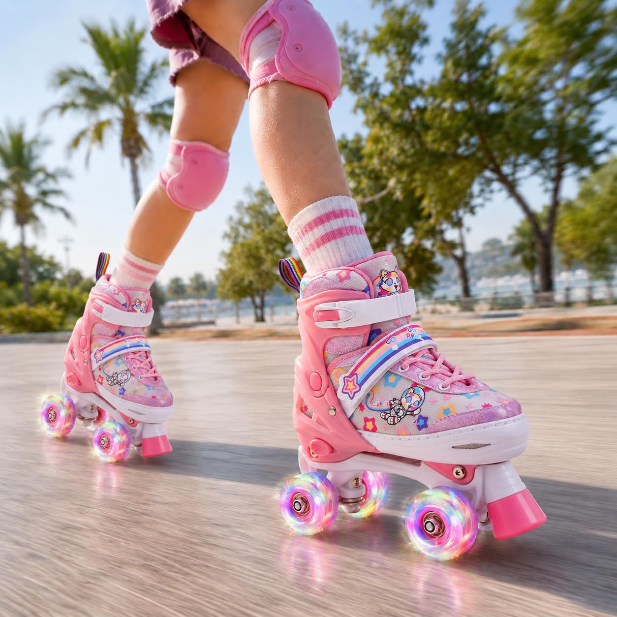 Roller Enfant Fille Patin a Roulette Fille Rollers Quad avec 8 Roues Lumineuses,4 Taille Réglable Patins à roulettes Confortables pour Les Filles et Les garçons et débutants