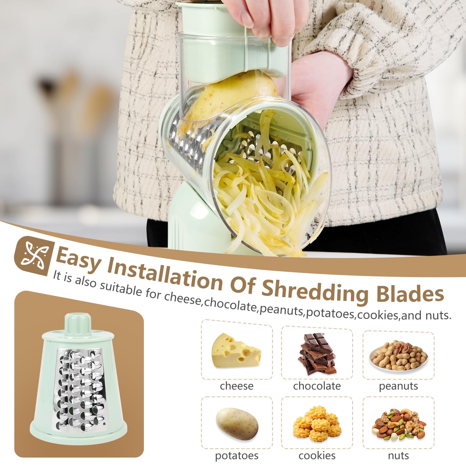 Rallador giratorio de queso y rebanador de mandolina con 5 cuchillas intercambiables, corte sin esfuerzo para queso, verduras, frutas, frutos secos, diseño fácil de limpiar para uso en cocina
