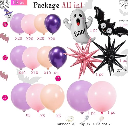 Miniatura 8 de Kozee Kit de decoración de guirnalda de globos de cumpleaños de Halloween pastel, 130 globos morado, rosa, naranja + globos de Mylar de murciélago