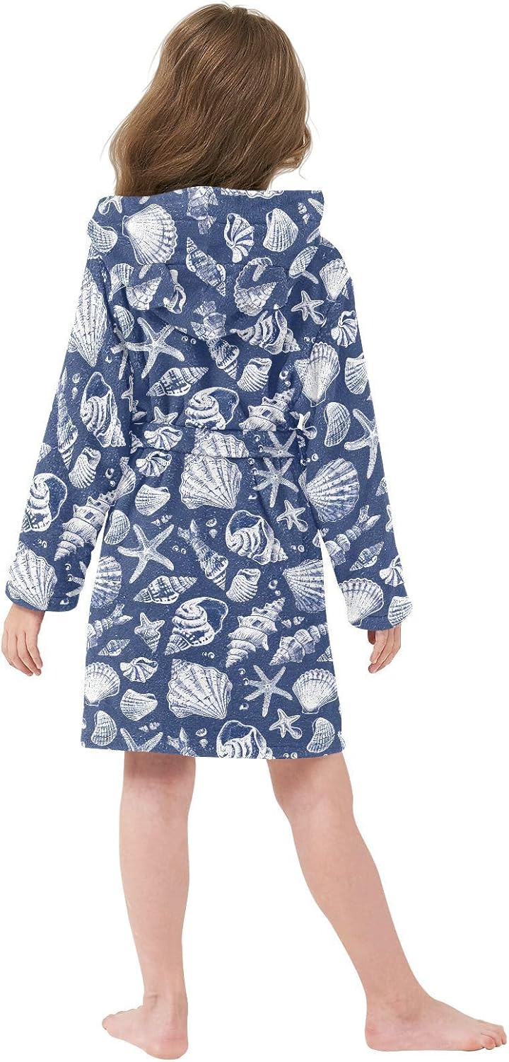 senya Shells Blue Toddler Hooded Bathrobe Kids Soft Plush Bath Towel Robes for Boys Girls 2-12 Years