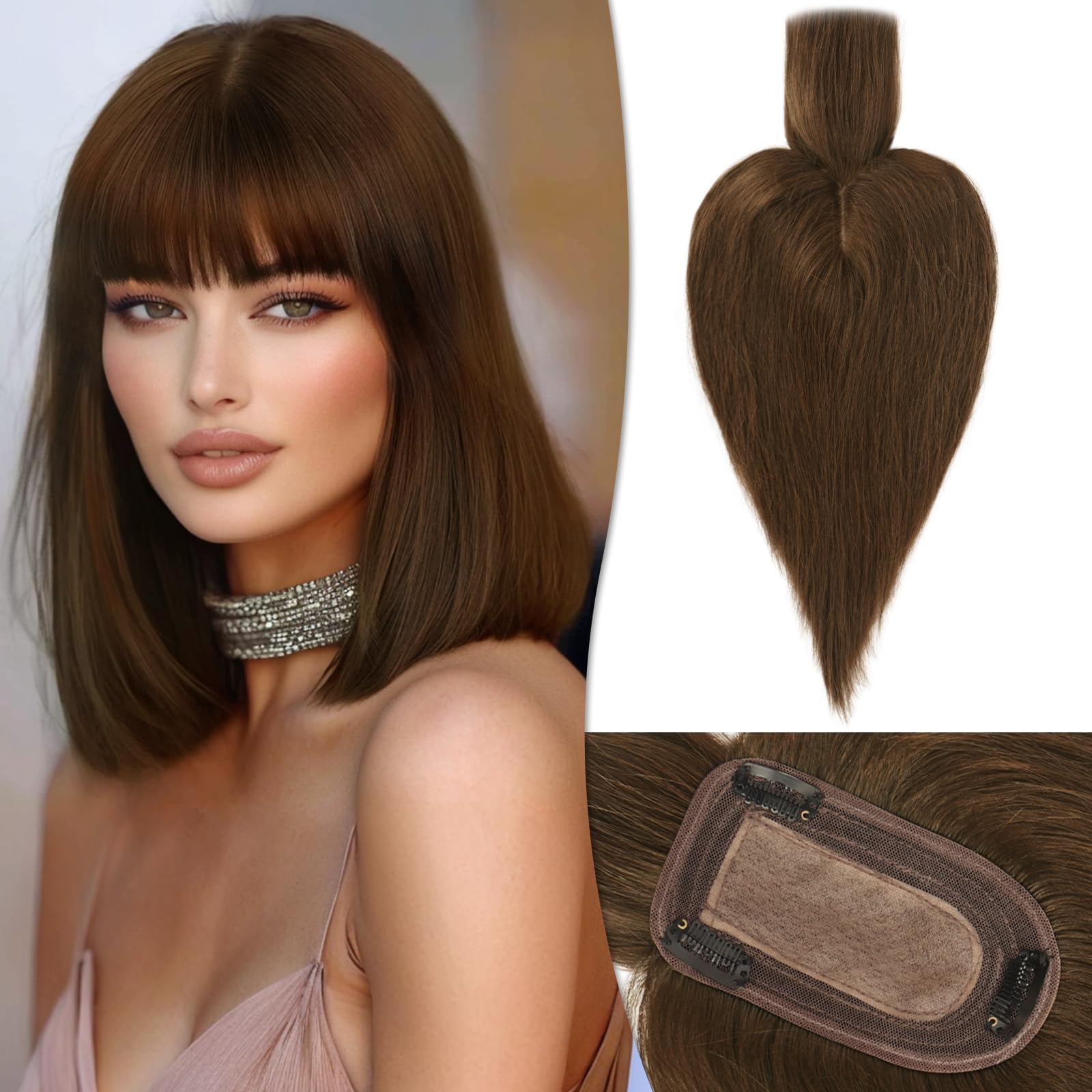 RUWISS Cabello Humano para Mujeres Corona de Extensiones de Cabello Corto Pelucas para el Adelgazamiento del Cabello 7.5 * 13CM Base de Seda 100% Cabello Humano Clip in Topper 30cm 40g (Marrón medio)