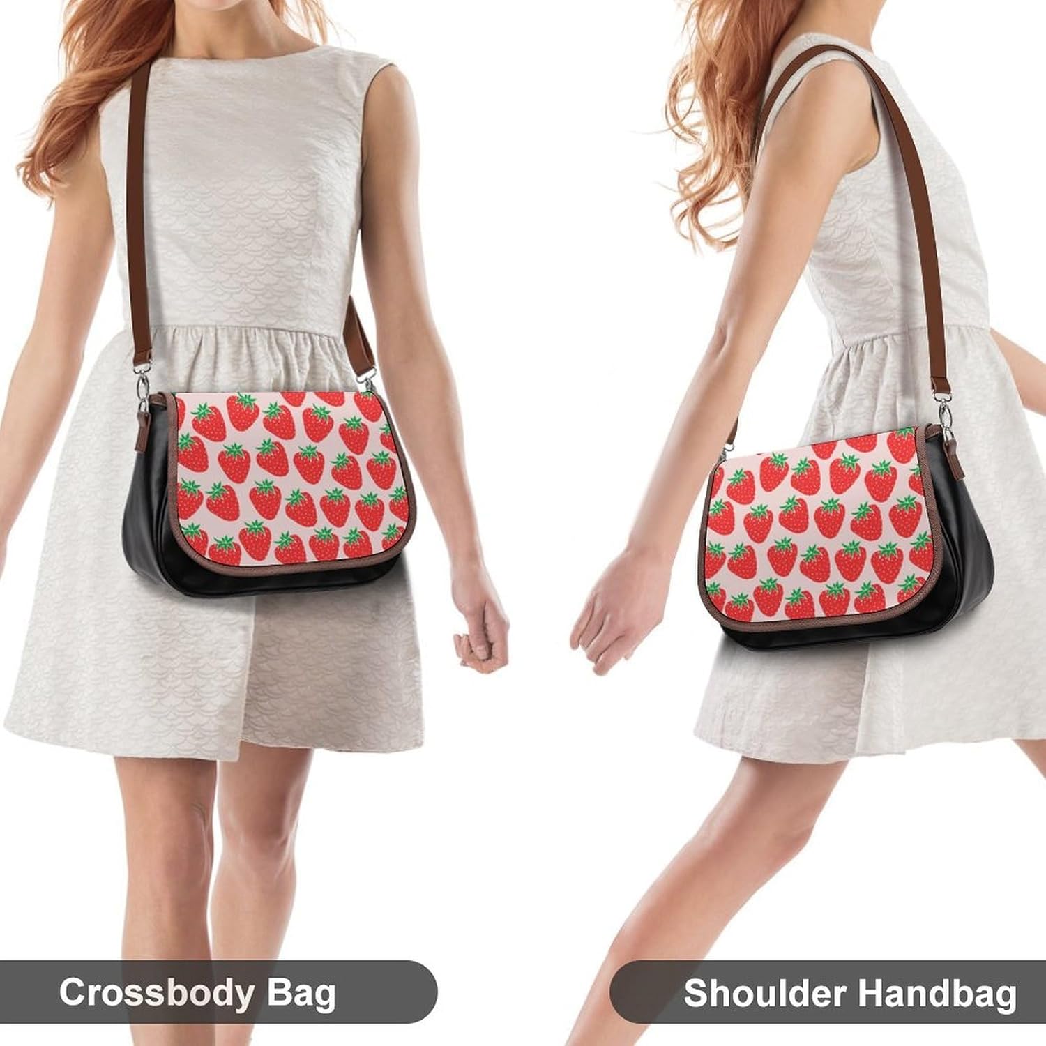 Cute StrawberriesWomen's Faux Leather Crossbody Bag, Waterproof Wrinkle-Resistant Shoulder Bag with Detachable Strap, Large Capacity Casual Handbag, Fashion Daily Purse for Shopping Work Dating, Ideal