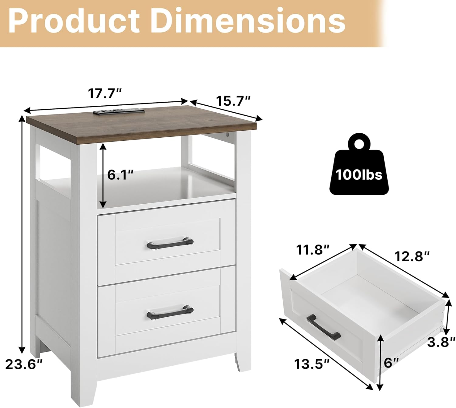 Farmhouse Nightstand with Charging Station, Modern End Tables with 2 Drawers & Open Shelf, Outlets, USB Ports and Type-C Ports, Wood Rustic Nightstands for Bedroom (Pure White + Walnut)