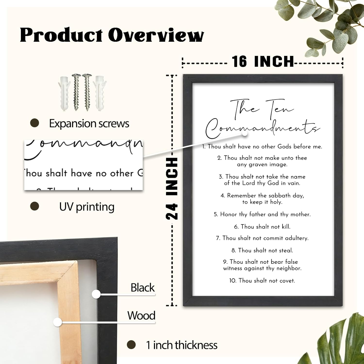 FZMHASLWW The Ten Commandments Bible Verse Wall Decor 24"X16" God Jesus Prayer Christian Saying Catholic Scripture Sign Large Wood Framed Wall Hanging Art (Black) 24"L x 16"W The Ten Commandments (Black)