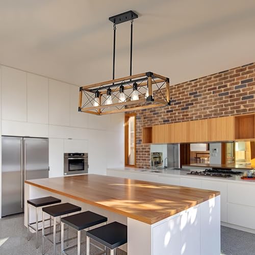Miniatura 9 de Lámpara de comedor, Lámpara de granja, Iluminación de isla de cocina, Lámparas colgantes rústicas de 5 luces, Luces de isla de madera de campo