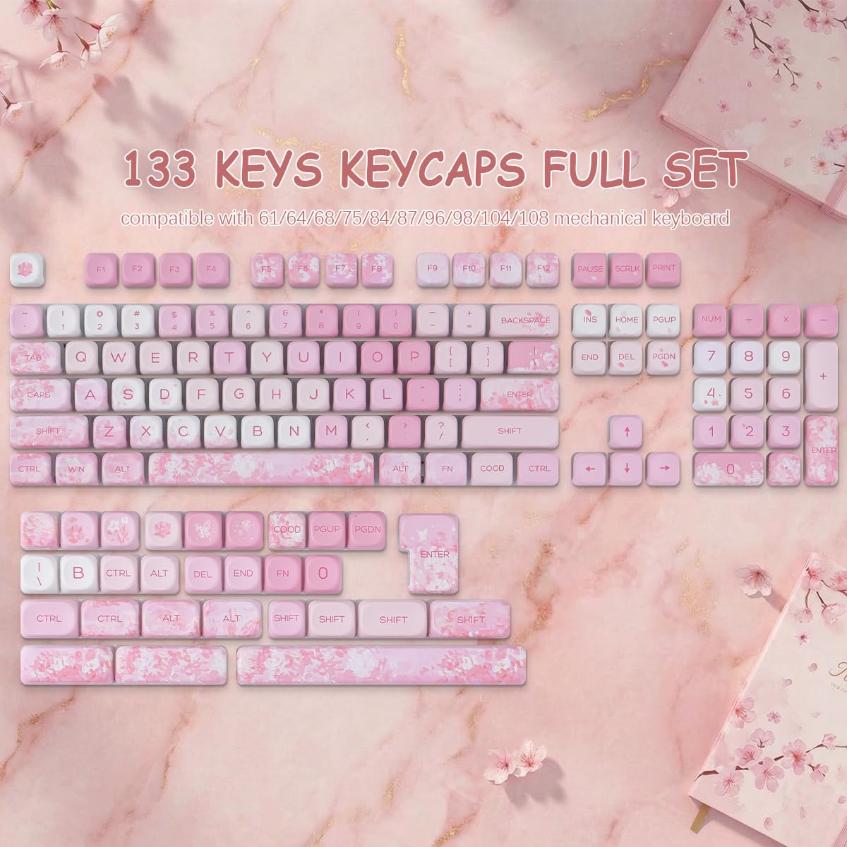 Sunzit Keycaps-Pink Cherry Blossom MOA Keycaps, carino Sakura Custom Keycap Set 133 tasti PBT Dye sublimazione Shine Through tappi per tastiera per switch Cherry MX ISO/ANSI layout US tastiera