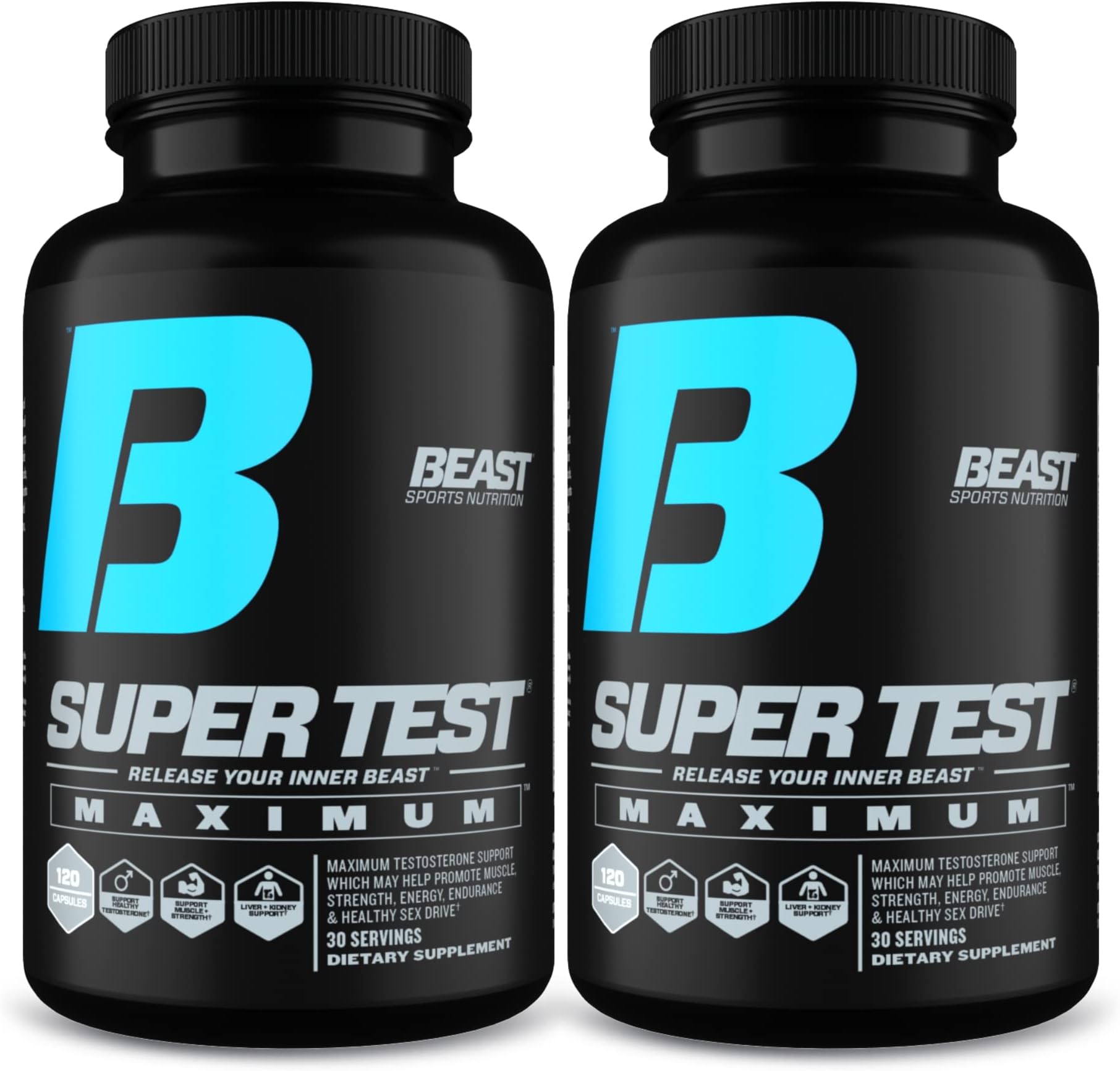 Beast Sports Nutrition Super Test Maximum - 120 Capsules, Pack of 2 - Boost Natural Testosterone Levels - Maximize Strength, Burn Body Fat, Faster Recovery & Increase Performance - 60 Total Servings