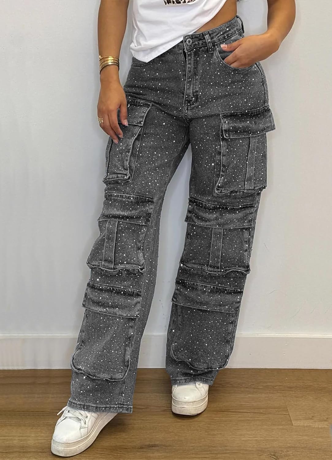 Womens High Waisted Rhinestone Jeans Black Straight Chic Baggy Wide Leg Bling Denim Pants Loose Fit Pearl Jeans